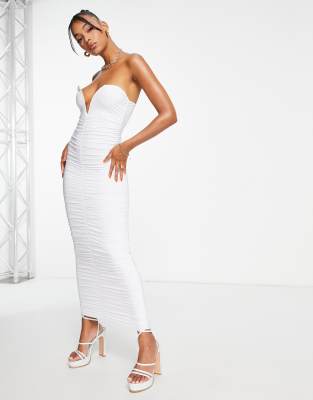 plunge midi dress in white