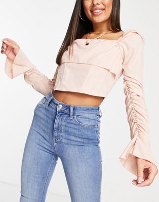 Femme Luxe puff long sleeve top with drape front in blush - ASOS Price Checker
