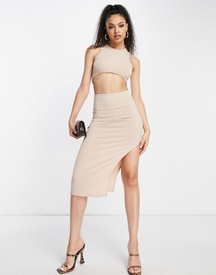 Femme Luxe racer front crop top co ord in stone