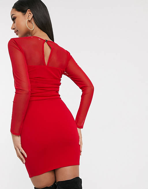 Femme Luxe Rotes Bodycon Kleid Mit Geradem Ausschnitt Und Transparenten Armeln Asos