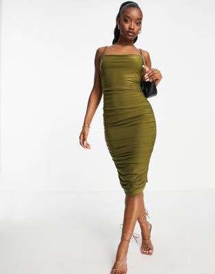 Olive green 2025 bodycon midi dress