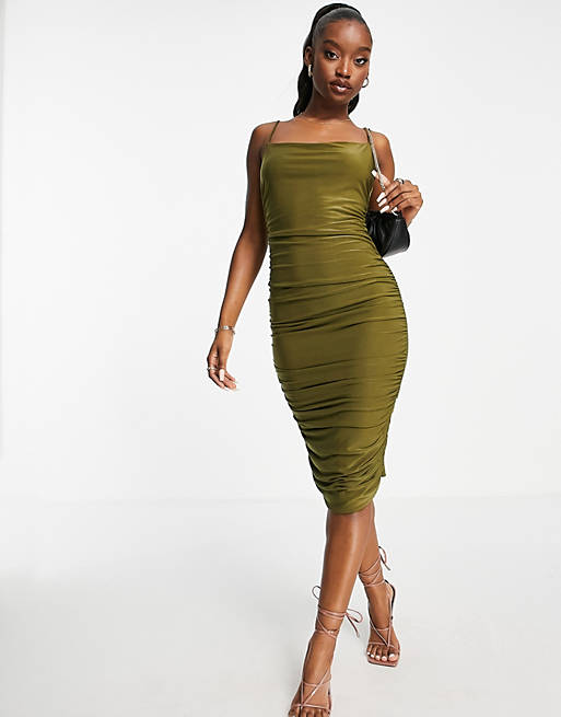 Femme Luxe ruched bodycon midi dress in olive