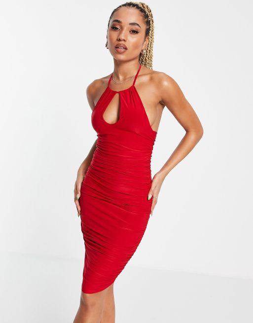 Red halterneck mini on sale dress