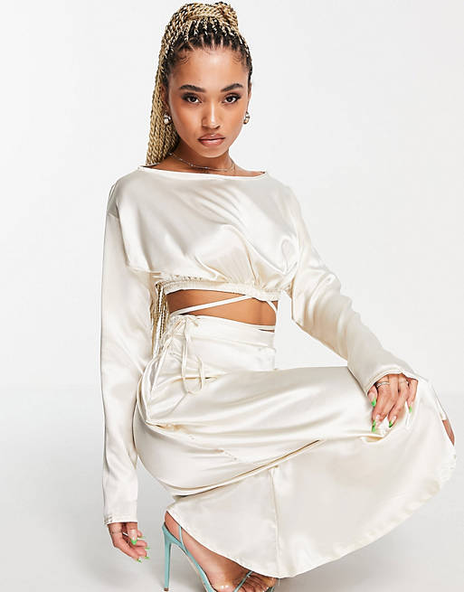 Femme Luxe ruched sleeve tie detail satin top co ord in cream