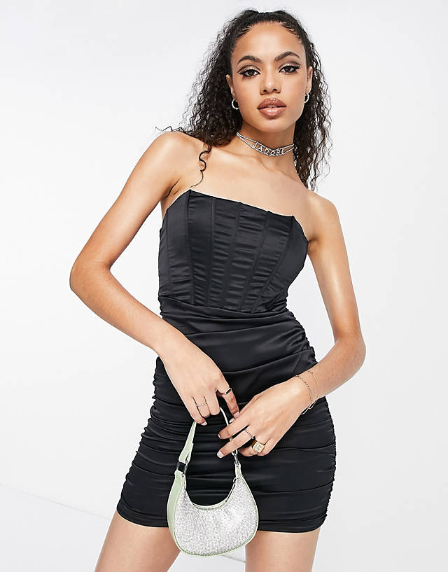 Femme Luxe - satin bandeau corset mini dress in black
