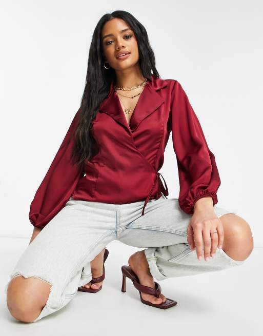 Femme Luxe satin collar wrap top in berry, 4 of 4