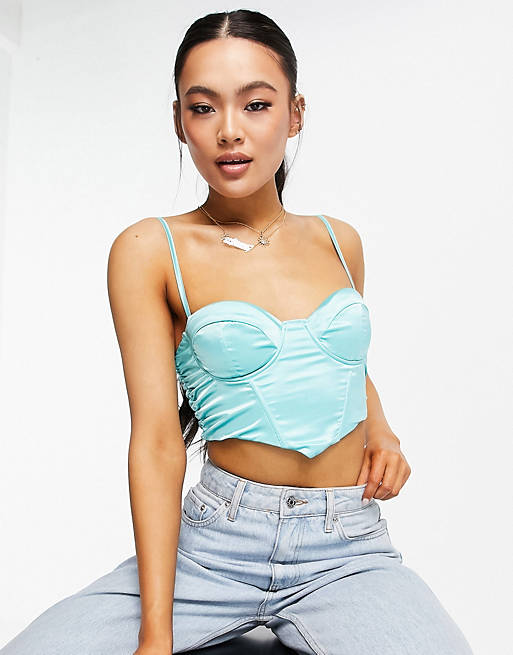 Women Femme Luxe satin corset top co ord in teal 