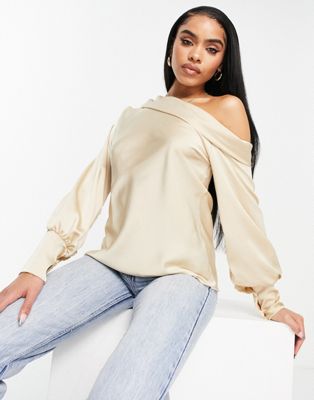 Femme Luxe satin drop shoulder woven top in beige - ASOS Price Checker