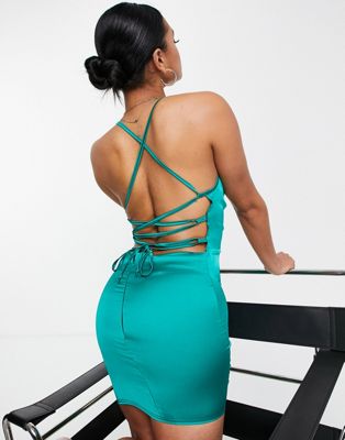 Femme Luxe satin mini dress with cross back in green