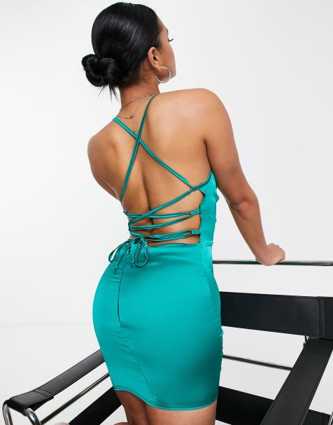 Femme Luxe satin mini dress with cross back in green - view 1
