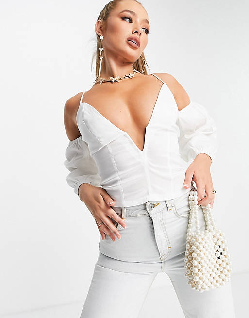 Femme Luxe satin off shoulder body in ivory