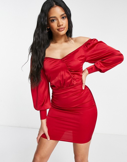 Femme Luxe satin wrap detail mini dress with volume sleeves in red