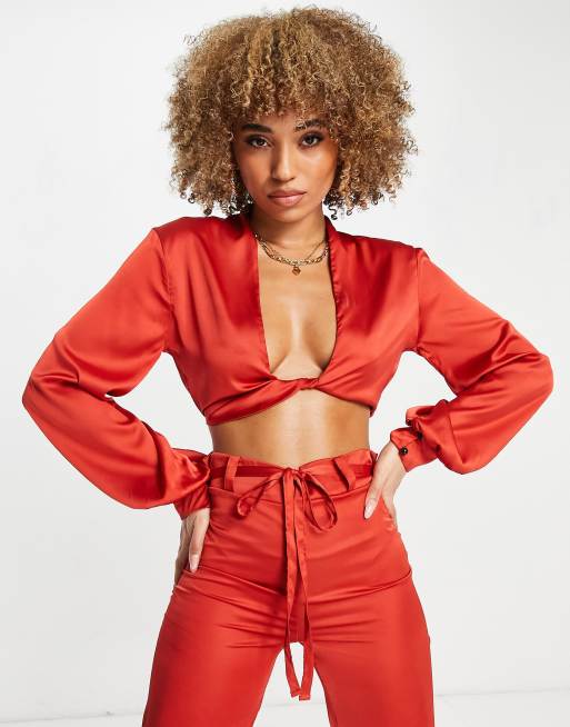 Red Wrap Over Long Sleeve Plunge Top, Women's Tops