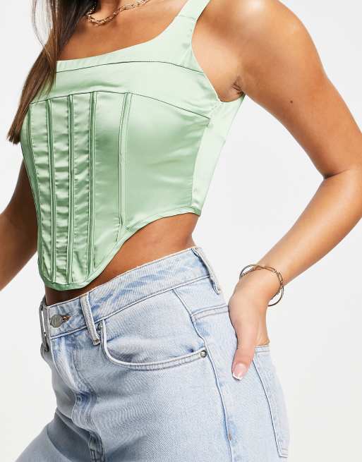 Femme Luxe – Satynowy gorsetowy top w kolorze szałwiowym, 3 z 4