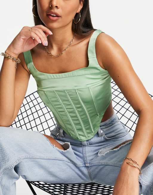 Femme Luxe – Satynowy gorsetowy top w kolorze szałwiowym, 4 z 4