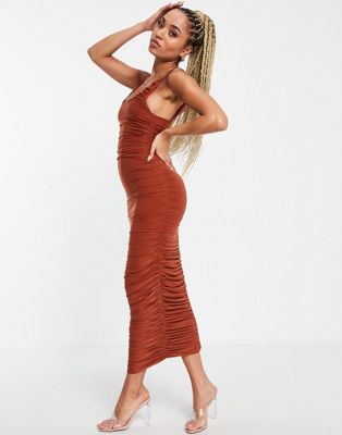 Femme Luxe scoop neck ruched maxi dress in rust - ASOS Price Checker