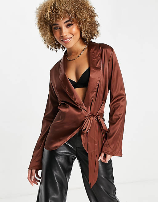 Femme Luxe slouchy blazer satin co ord in chocolate