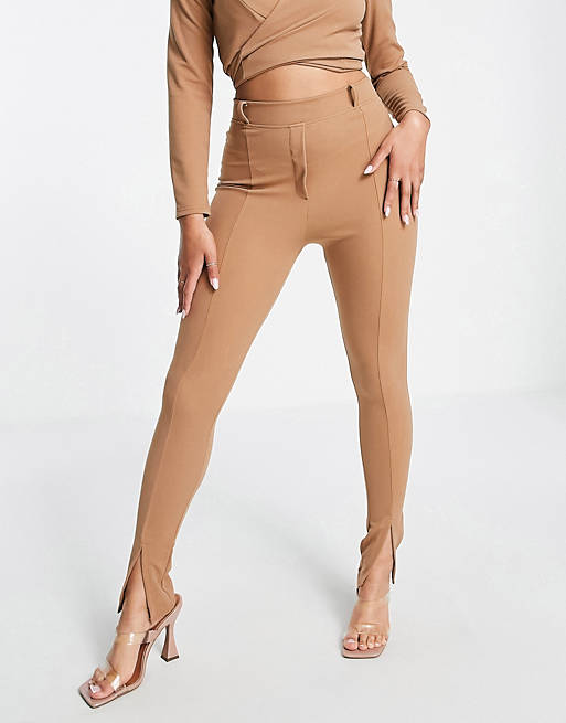 Co-ords Femme Luxe split front jersey trouser co ord in tan 