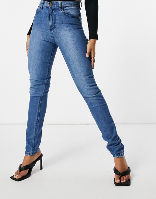 Femme Luxe straight leg jean with distressed bum detail in mid wash