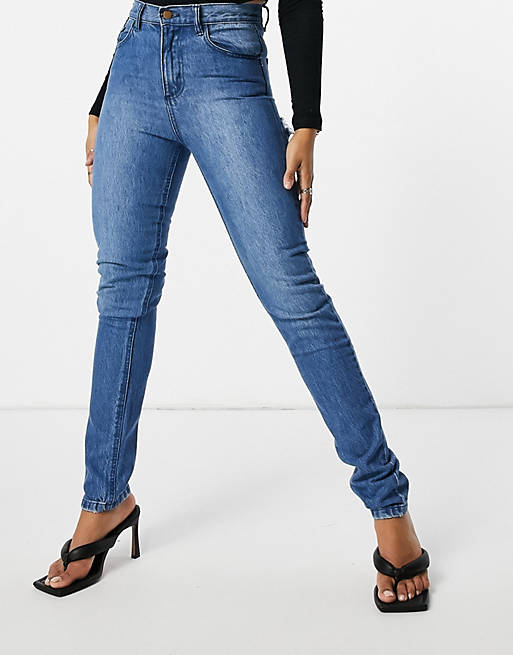 Femme Luxe straight leg jean with distressed bum detail in mid wash