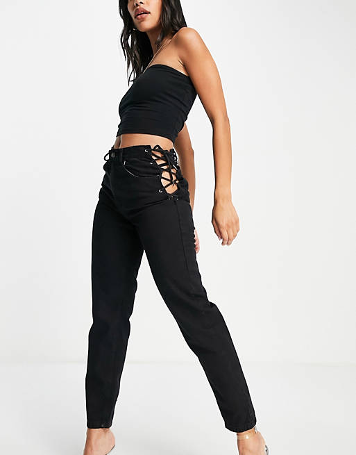Femme Luxe straight leg jeans with tie side in washed black