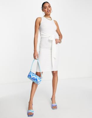 Femme Luxe Tie Front Detail Midi Dress In Ecru-white