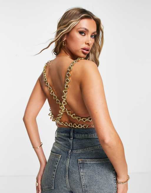 Femme Luxe - Top met open achterkant met ketting in beige
