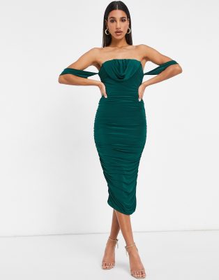 Femme Luxe - Vestito verde smeraldo con gonna al polpaccio, arricciatura e  spalline sottili