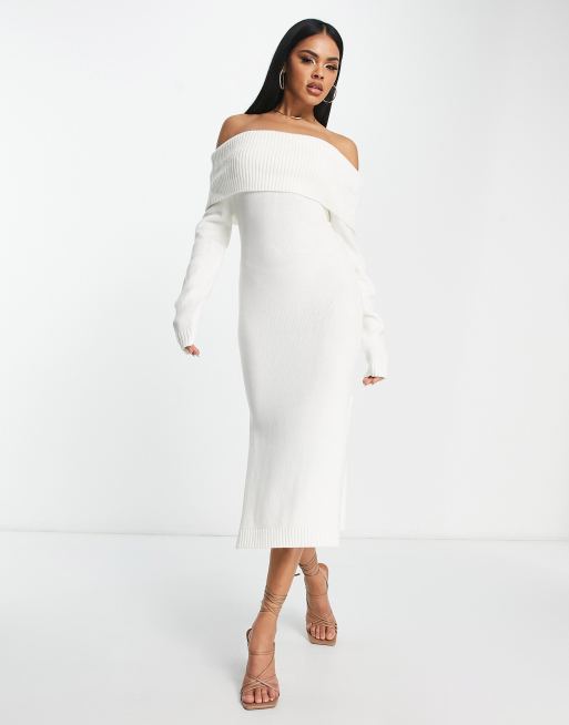 Femme Luxe – Vit, stickad midi-tröjklänning med bardotringning och sidoslits, 4 av 4
