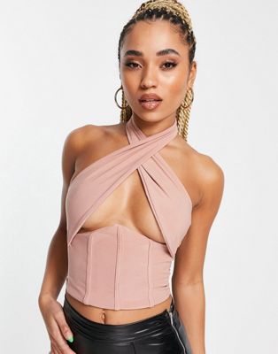 Femme Luxe wrap crop top with under bust detail in mink | ASOS