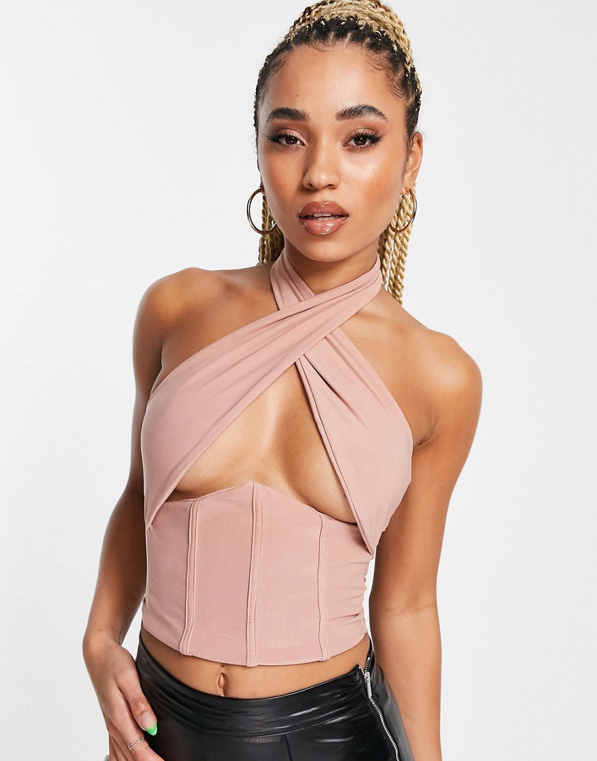 Femme Luxe wrap crop top with under bust detail in mink-Pink
