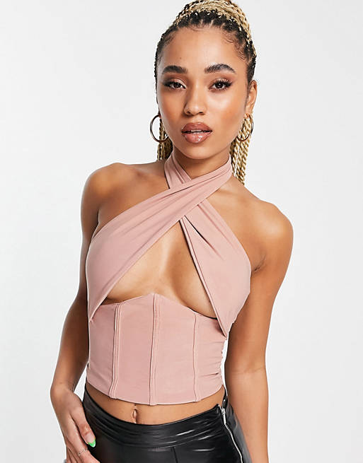 Femme Luxe wrap crop top with under bust detail in mink