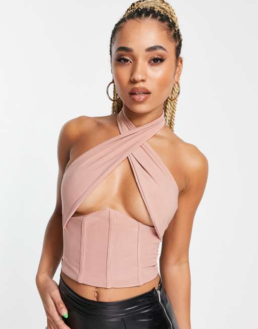 Brown Check Print Woven Underbust Halterneck Crop Top