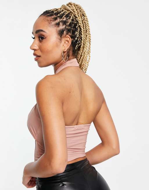Femme Luxe wrap crop top with under bust detail in mink, 3 of 4