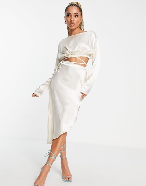 Femme Luxe wrap detail satin midi skirt in cream (part of a set)
