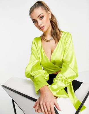 Femme Luxe wrap satin blouse with oversized balloon sleeve in lime
