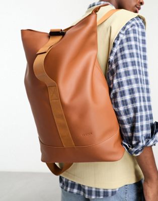 Fenton roll top backpack with buckle fastening in tan