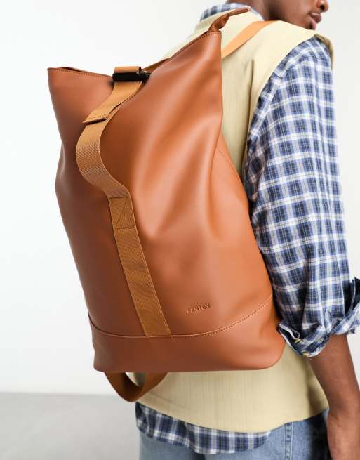 Fenton roll top backpack with buckle fastening in tan 