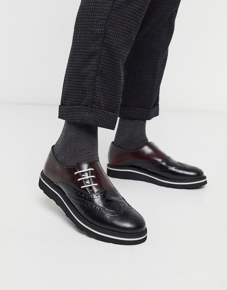 Feud London leather high shine brogue shoe in black/bordo