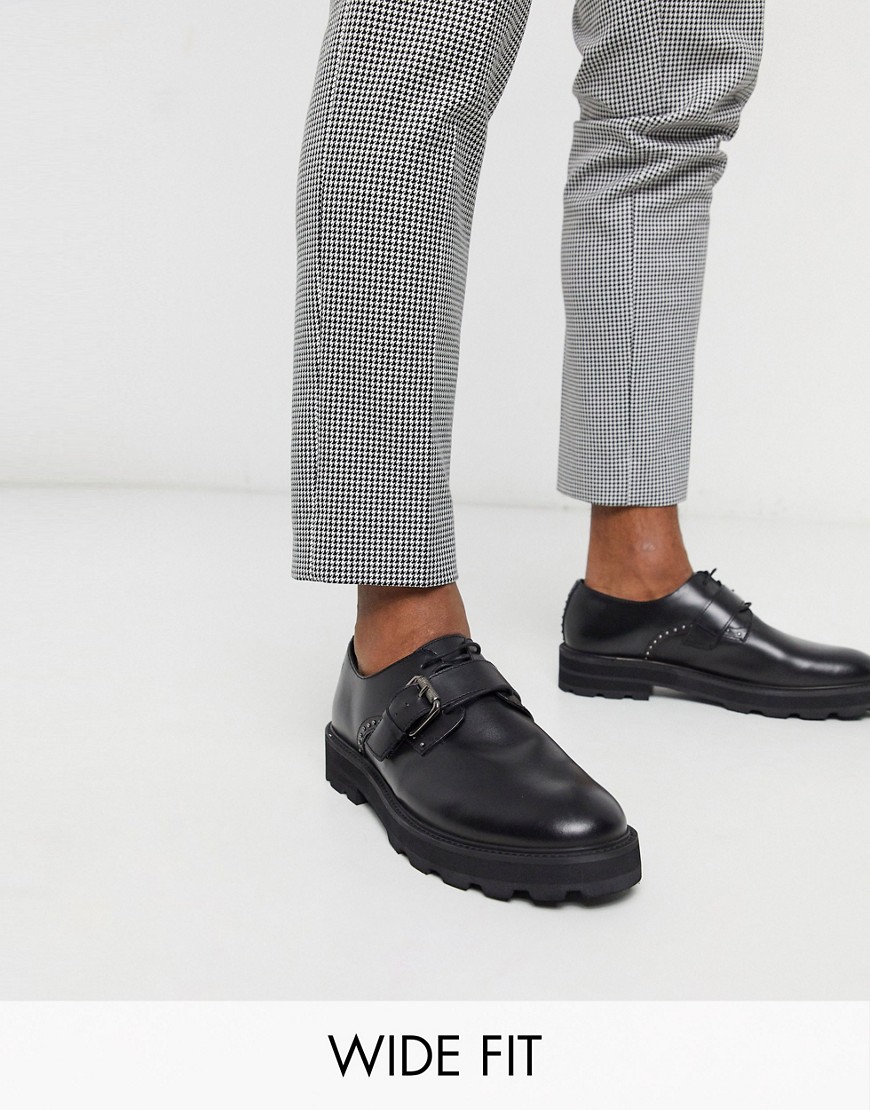 Feud - London - Leren schoenen met brede pasvorm, gespen en dikke zool in zwart
