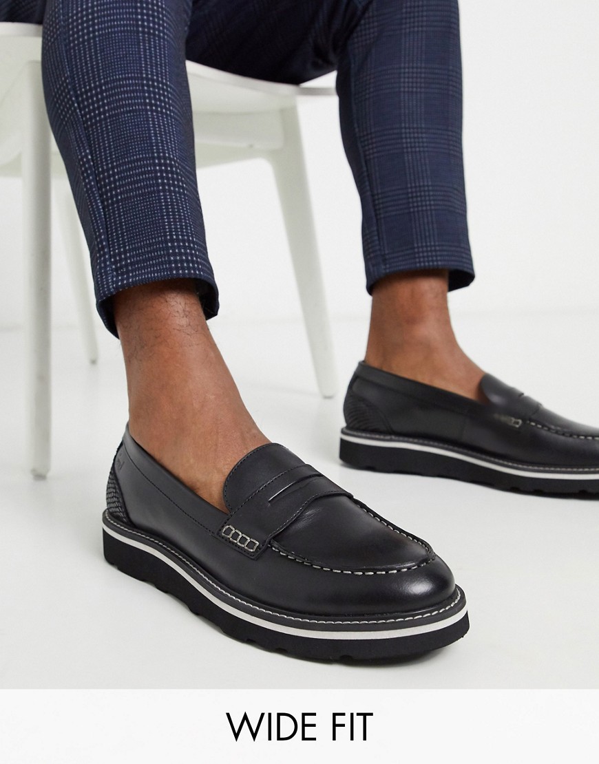 Feud London wide fit leather loafer in black/snake