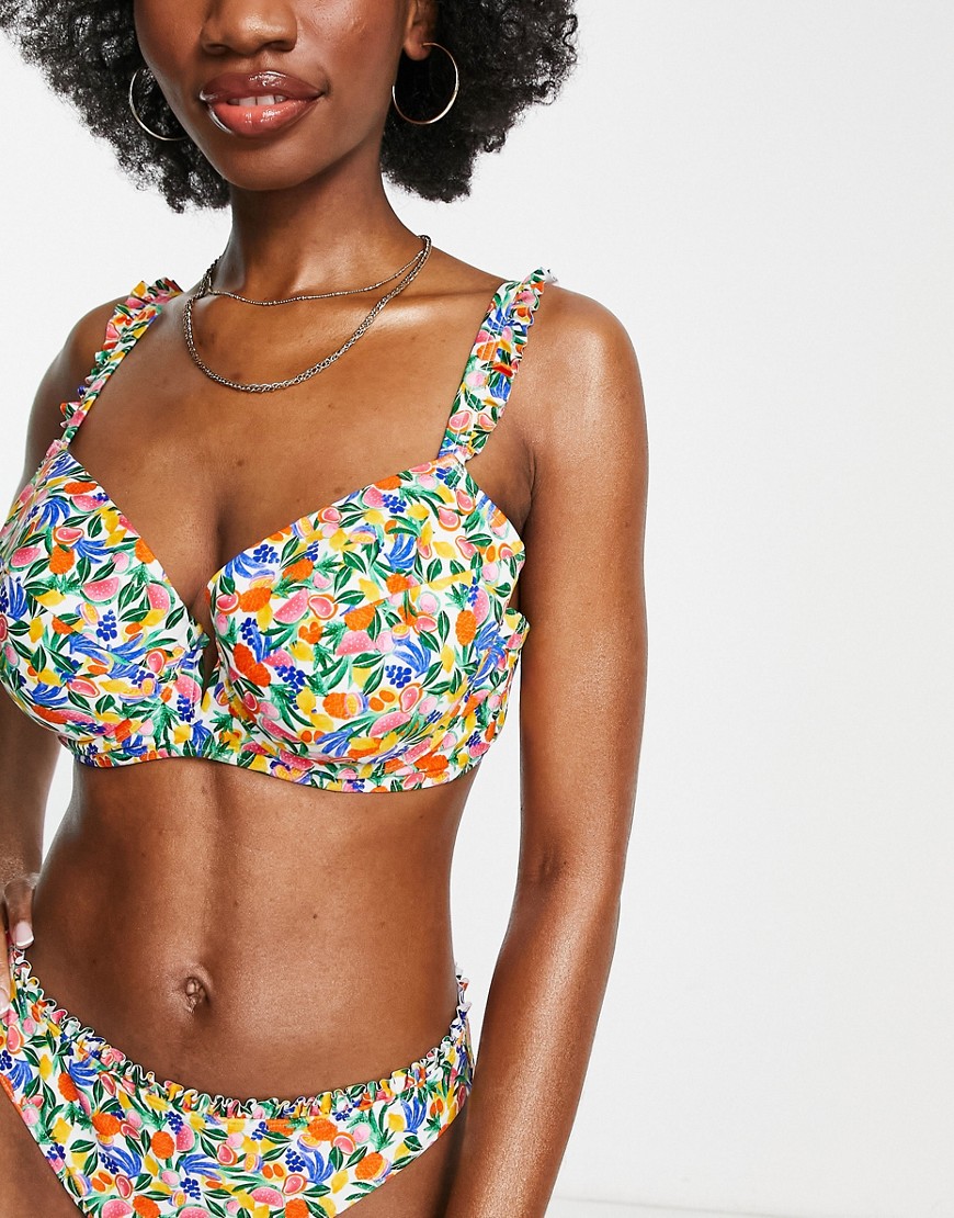 Figleaves Coppe Grandi - Top bikini con ferretto a V e volant con stampa con frutta-Multicolore - Figleaves mare donna Multicolore