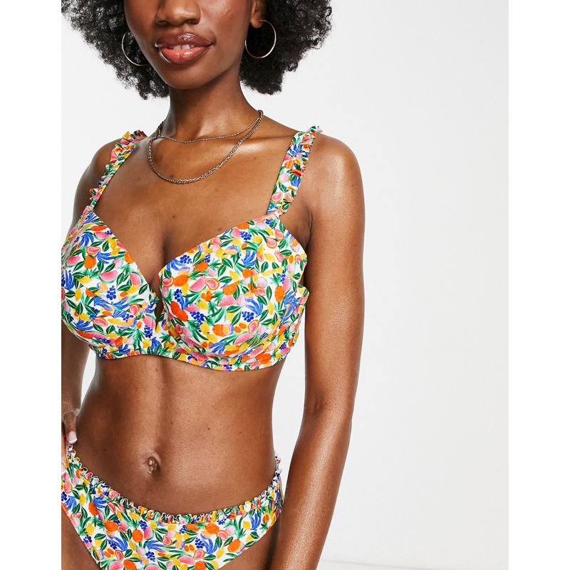 Costumi da bagno interi e bikini con ferretto dA5tA Figleaves Coppe Grandi - Bikini con ferretto a V e volant con stampa con frutta multicolore