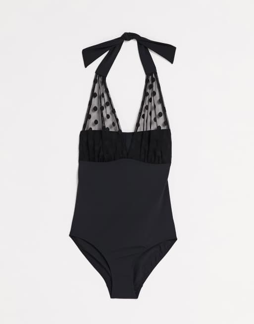 Figleaves - Costume da bagno modellante senza ferretto in tessuto a rete con pois, colore nero