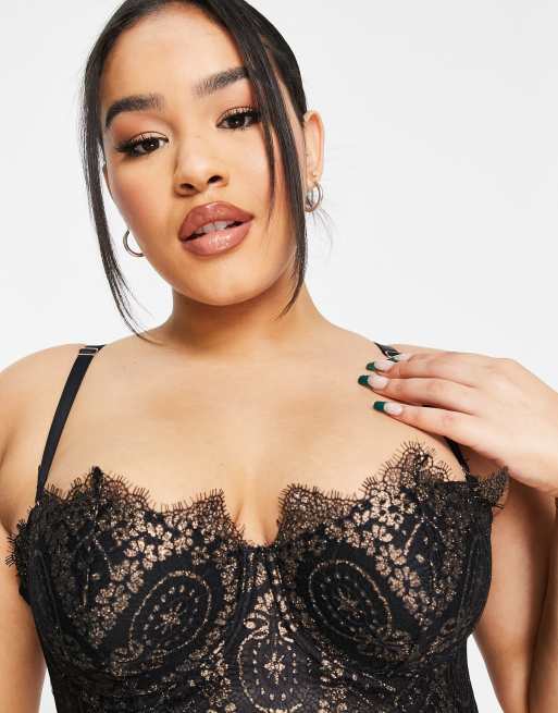 Figleaves Curve Adore lace padded longline multiway balcony bra in black and gold, 4 of 4