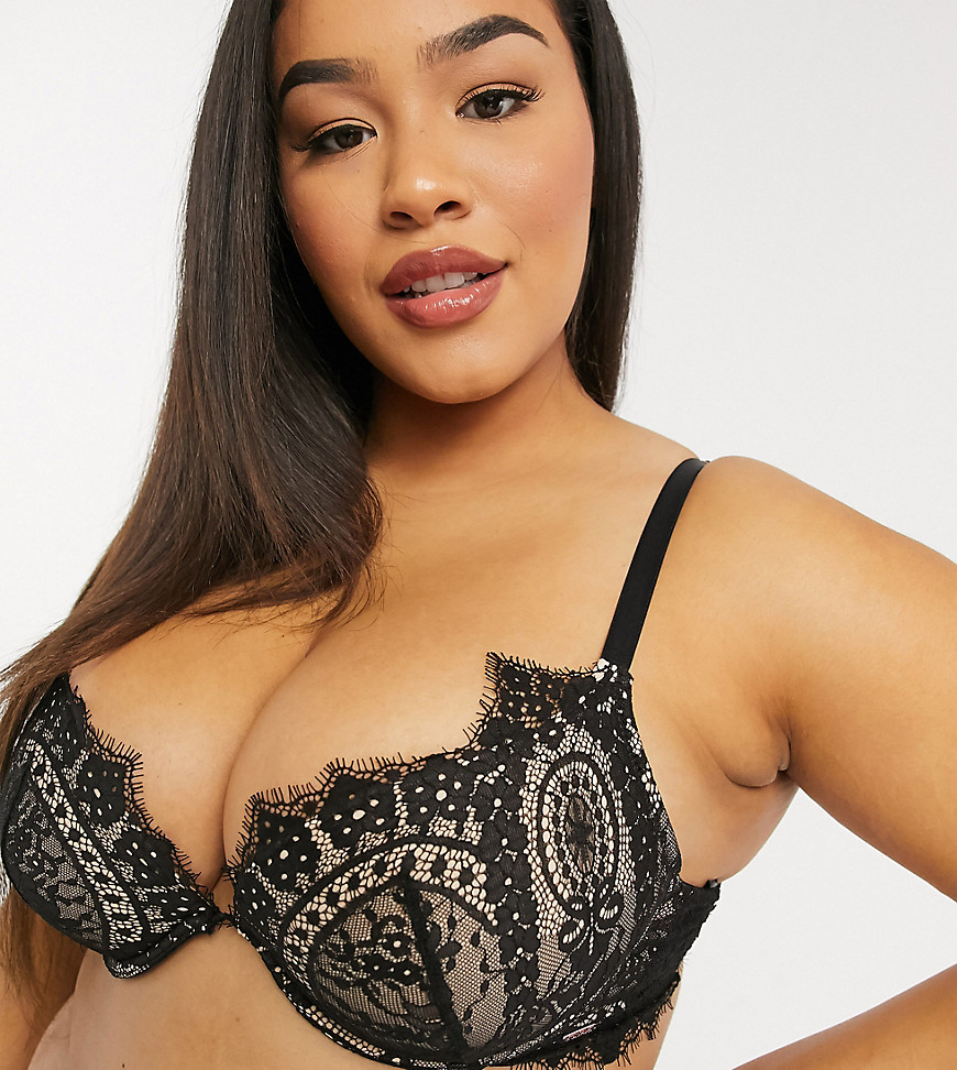 Figleaves Curve Adore lace padded plunge bra in black
