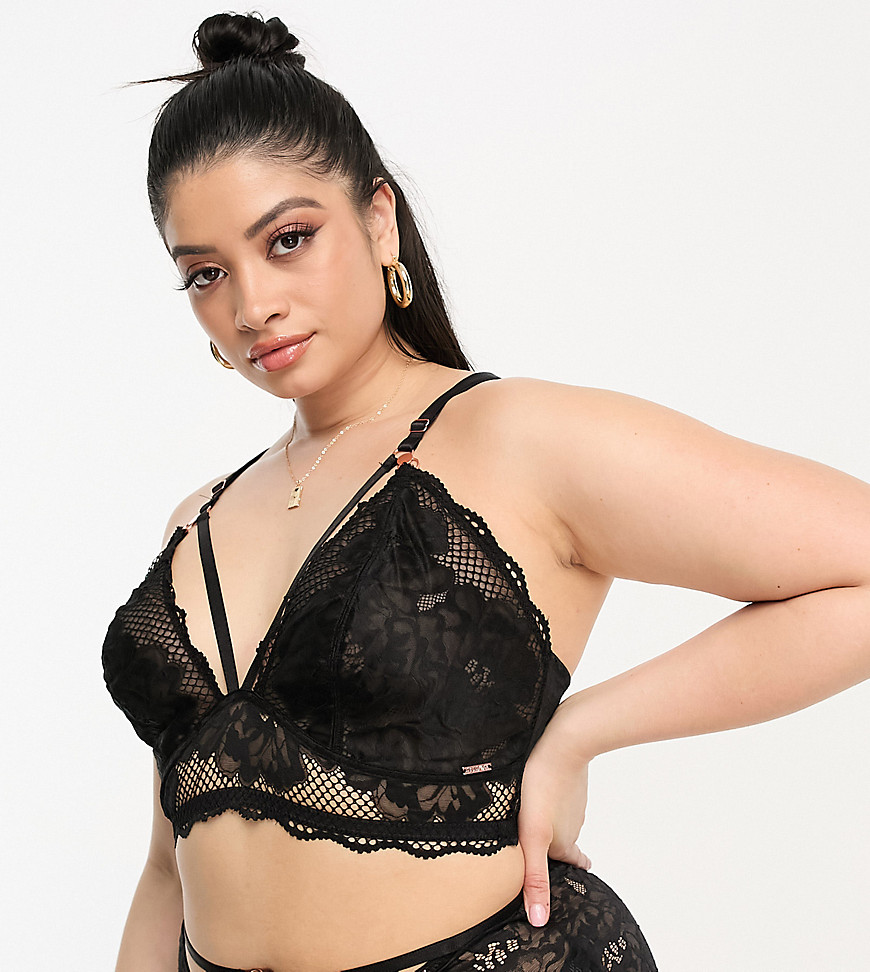 Amore lace and fishnet detail bralette with lace up back detail in black