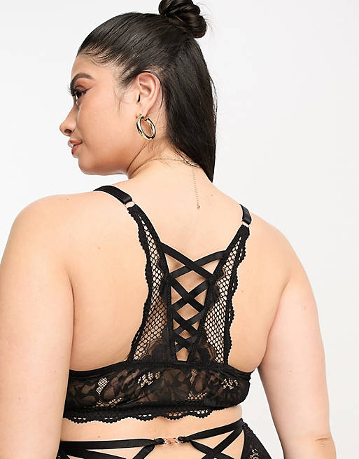 Figleaves Curve Amore lace and fishnet detail bralette with lace up back  detail in black