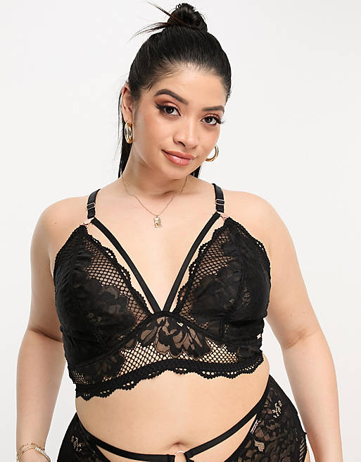 Figleaves Curve Amore lace and fishnet detail bralette with lace up back  detail in black