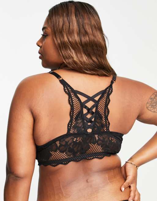 Figleaves Curve Amore lace and fishnet detail bralette with lace up back  detail in black